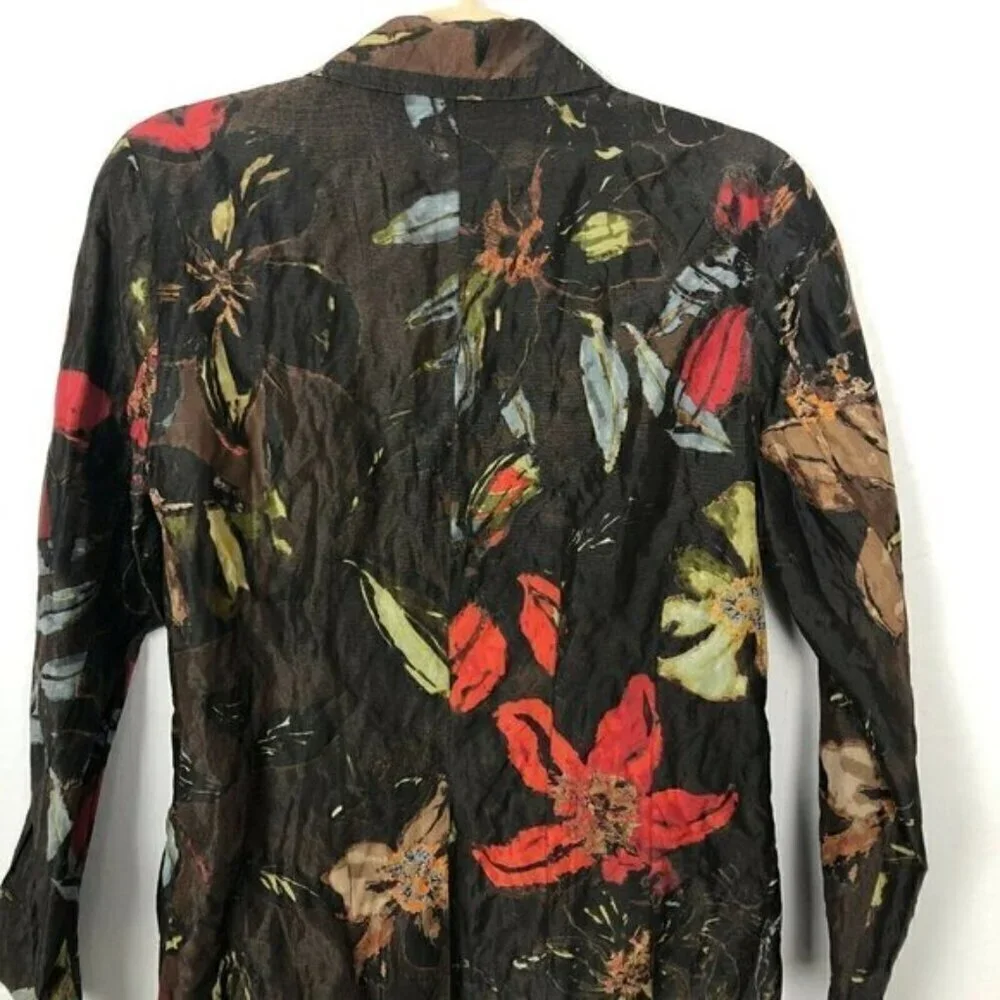 CHICO'S Silk Blend Semi Fitted Blazer Women's S Brown Coral Metallic Floral - Picture 4 of 7